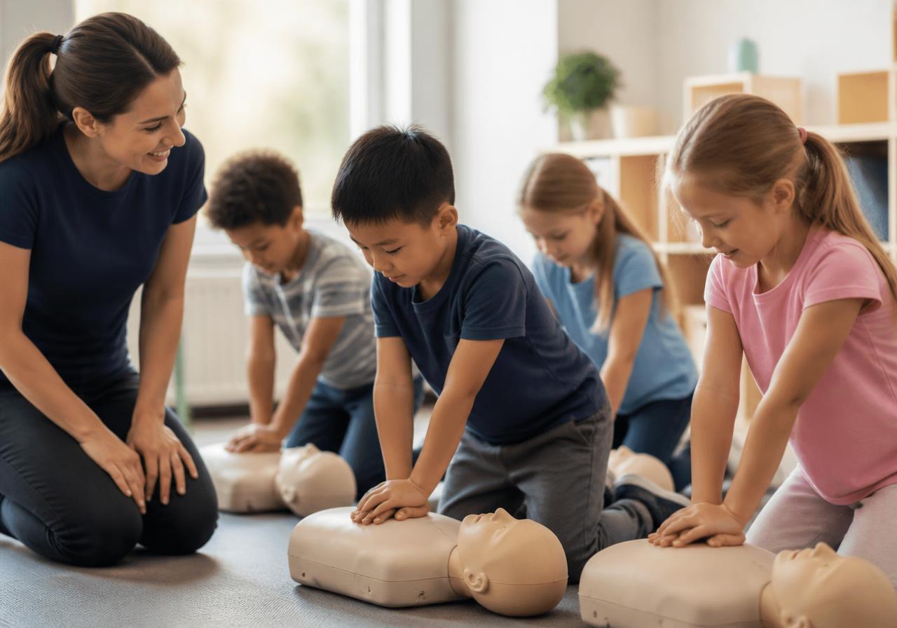 Children learning basic CPR awareness in a supervised educational setting with child-sized manikins