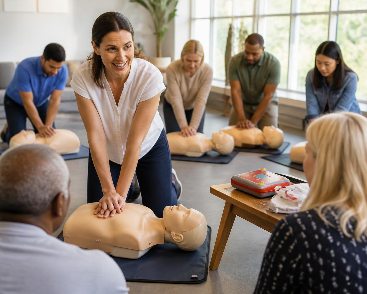 Instructor teaching a diverse group CPR and AED skills using manikins in a bright classroom