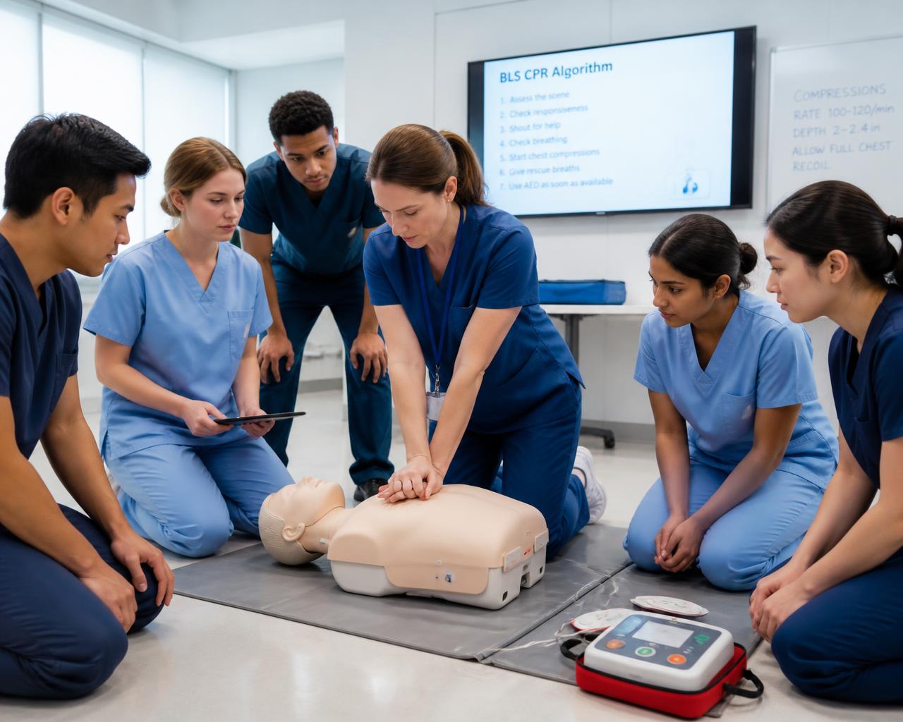 Diverse nursing students and healthcare professionals practicing BLS CPR on a manikin with an AED trainer in a bright classroom