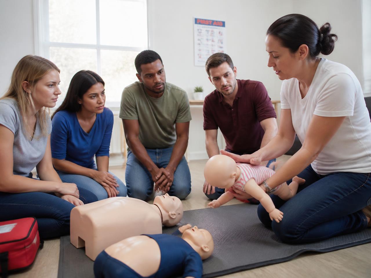 Instructor demonstrating infant CPR on an infant manikin while adults observe with child and adult manikins nearby