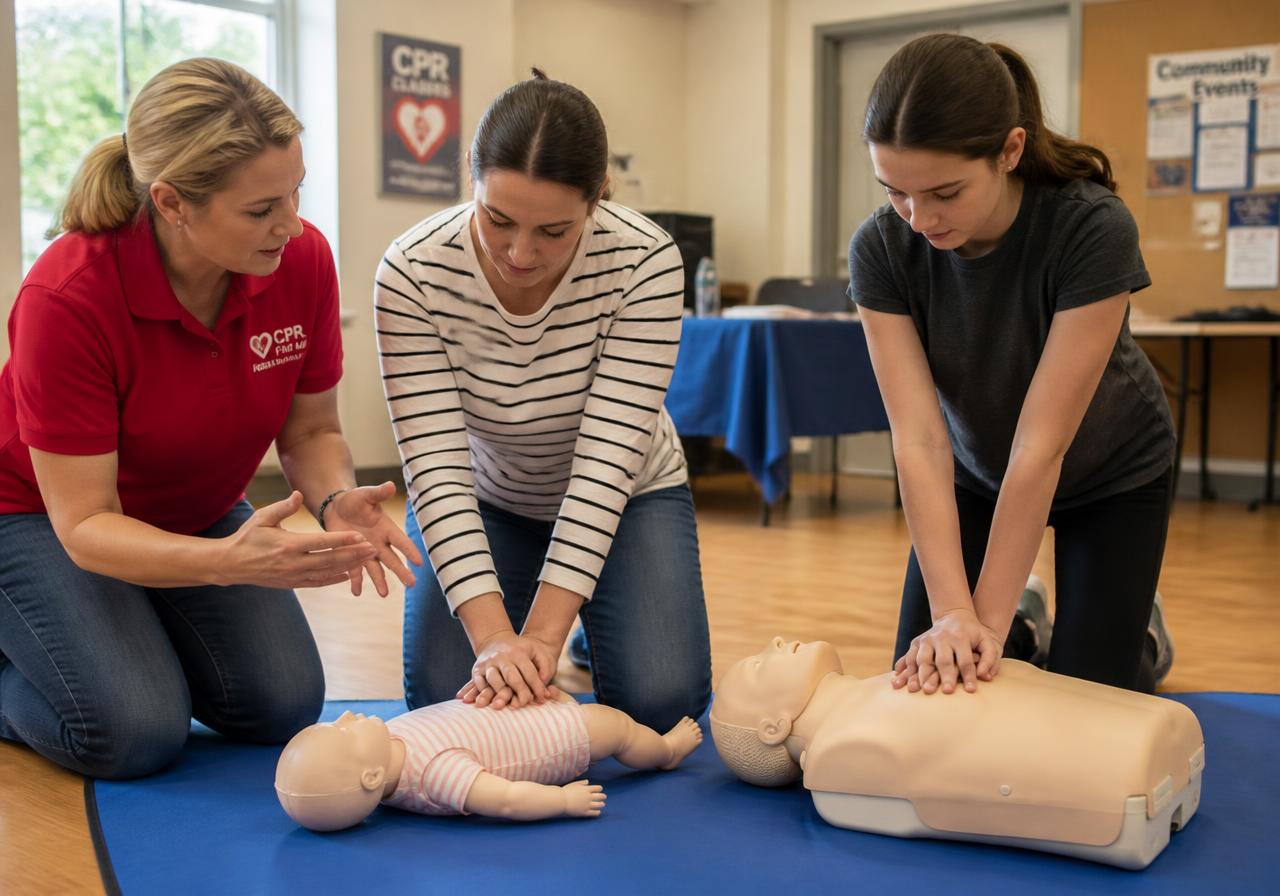 Instructor guiding community members and a nursing student as they practice chest compressions on CPR manikins