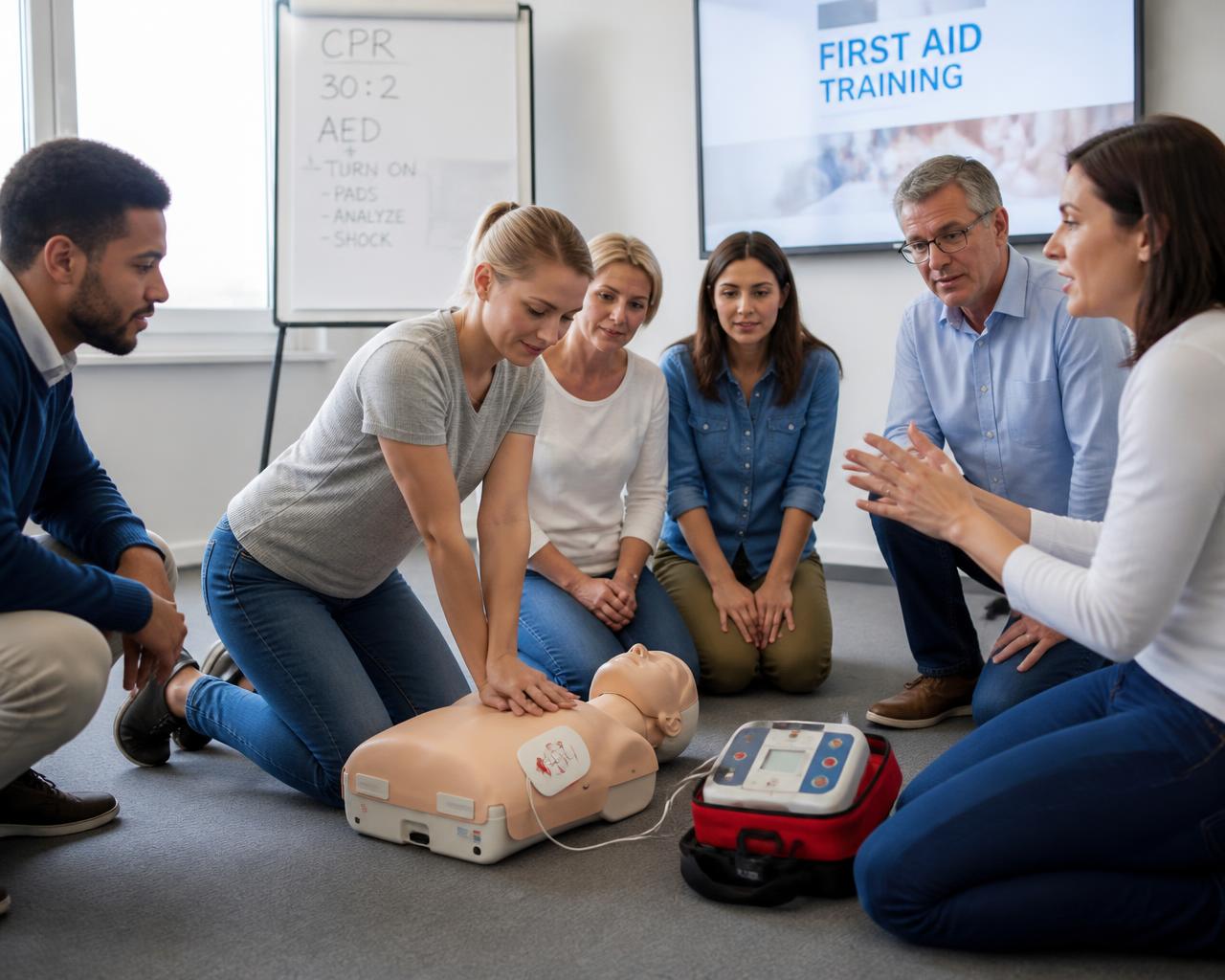 Workplace or community group practicing CPR and AED skills together in a PGCPR training class