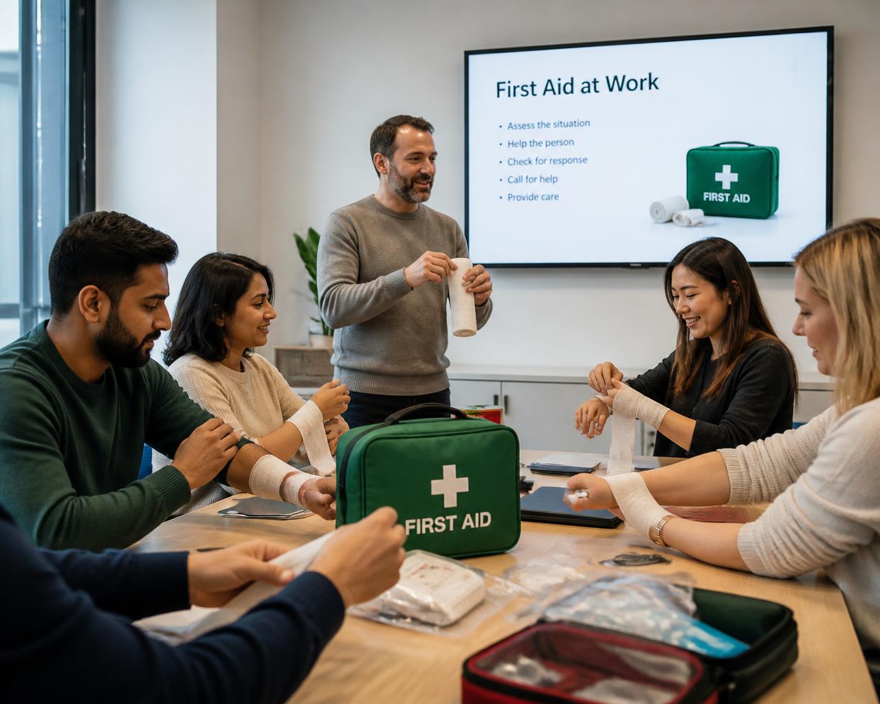 Employees practicing bandaging skills together during a workplace first aid training session