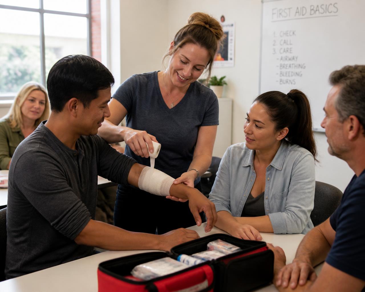 Instructor teaching hands-on bandaging skills to a diverse group of adults in a first aid training class with a first aid kit