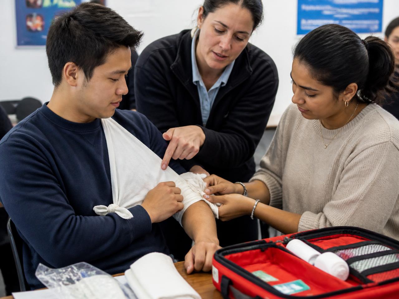 Instructor guiding two participants as they practice applying an arm sling with first aid supplies