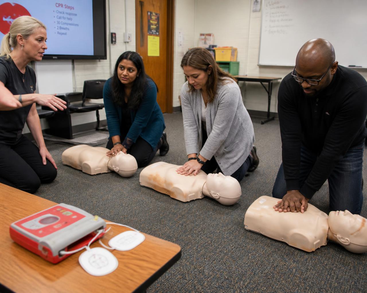 Instructor guiding school staff practicing chest compressions on CPR manikins in a classroom with an AED trainer nearby