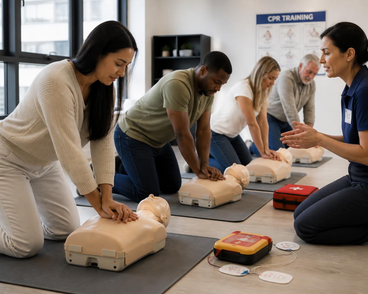 Instructor teaching a diverse group of adults CPR using manikins and an AED trainer in a bright classroom